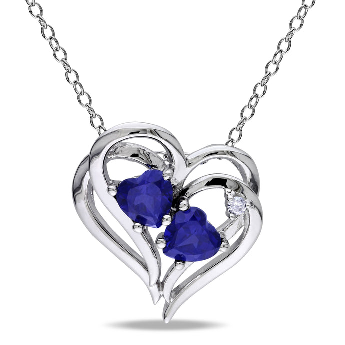 Sofia B 1 1/8 CT TW Lab-Created Blue Sapphire Sterling Silver Heart Necklace with Diamond Accent
